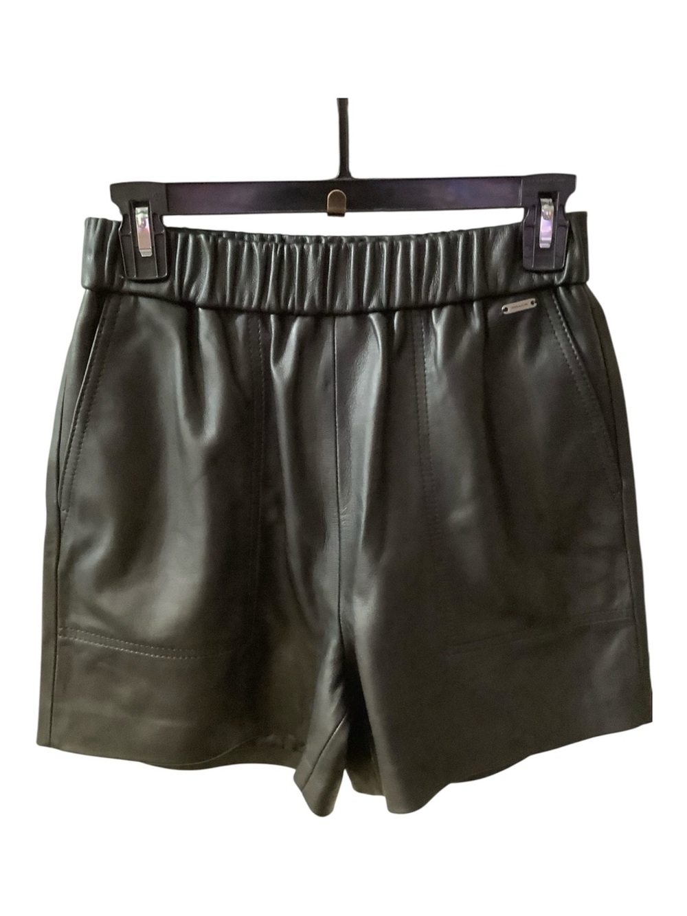 Coach Luxury Black Lambskin Leather Shorts Elastic Waist Pockets Logo Size XS/S